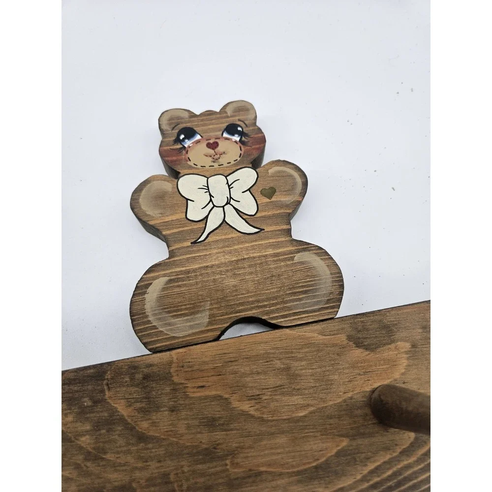 Vintage Wooden Cottagecore Handpainted Teddy Bear Wall Hook‎